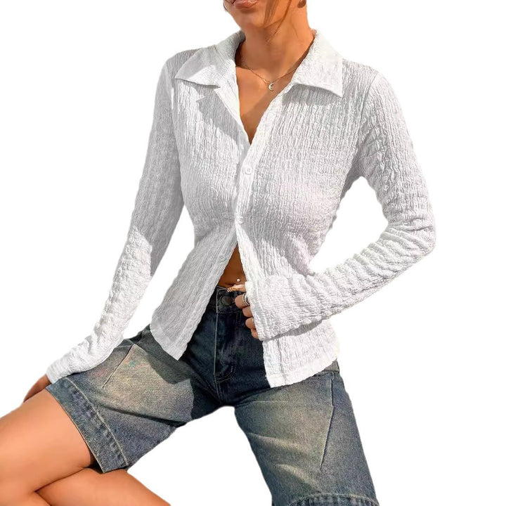 Women nan shirt blouse with ruched texture, shirt collar and tailored fit Mune Fashion
