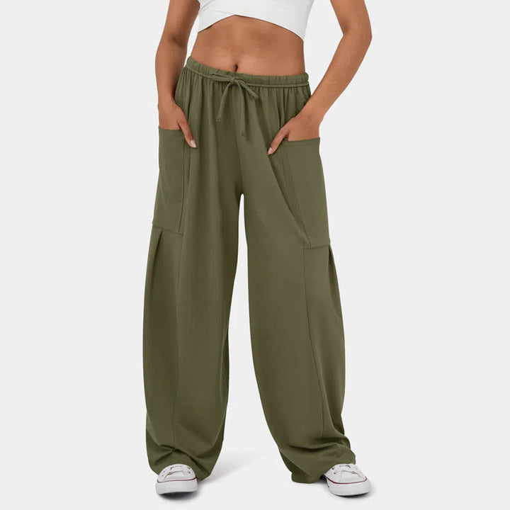 Women's Wide Relaxed Pants with High Elastic Waistband, Drawstring and Large Cargo Pockets Mune Fashion
