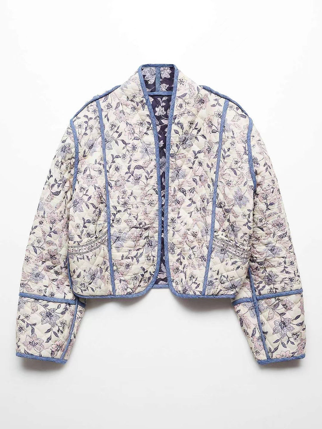 Women's short-cut quilted blouson jacket with floral embroidery and contrasting piping Mune Fashion