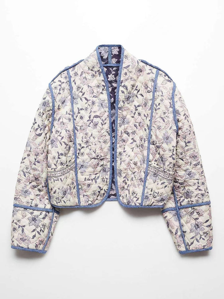 Women's short-cut quilted blouson jacket with floral embroidery and contrasting piping Mune Fashion
