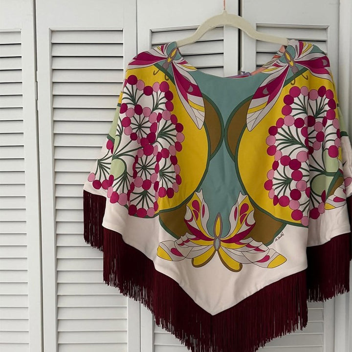 Ladies Silk Print Poncho with Retro Floral Pattern and Long Fringes Mune Fashion