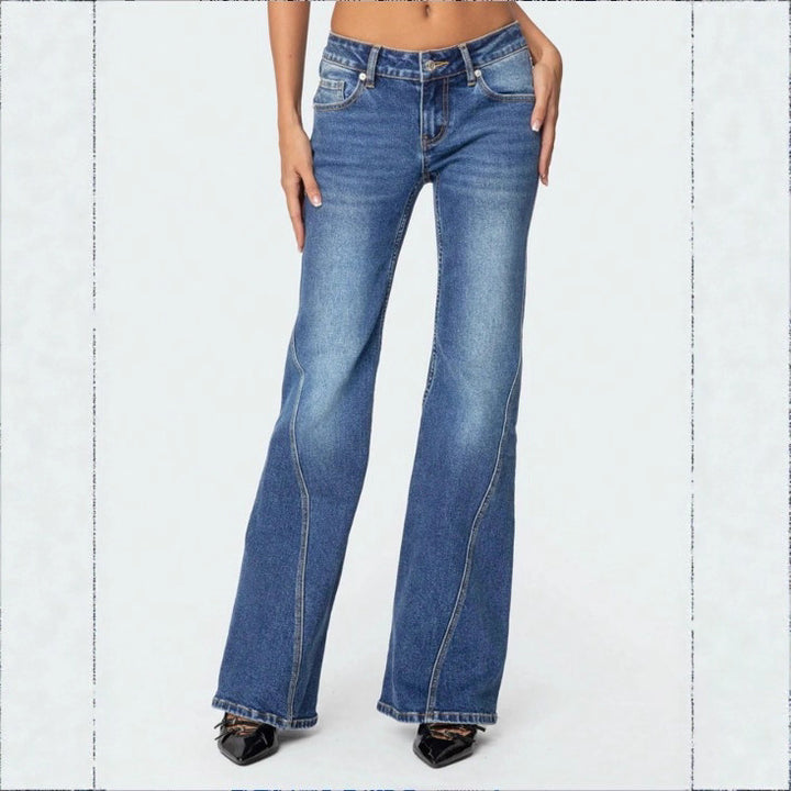 Ladies High-Waisted Vintage Flared Jeans with Slim Hip Section and Vertical Seam Mune Fashion