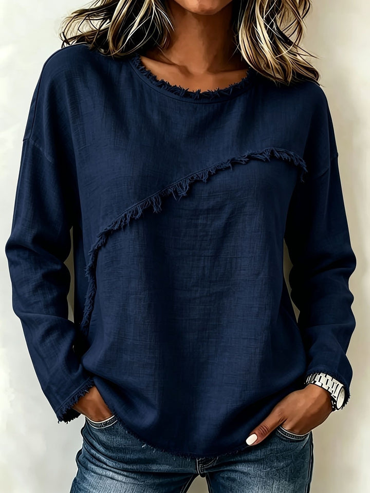 Women Casual Long Sleeve with Diagonal Fringe Application and Frayed Round Neck Mune Fashion