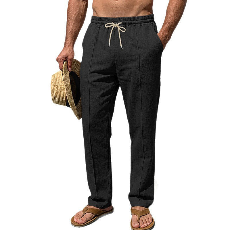 Men's breathable beach pants made of linen blend with straight cut, drawstring, and crease Mune Fashion