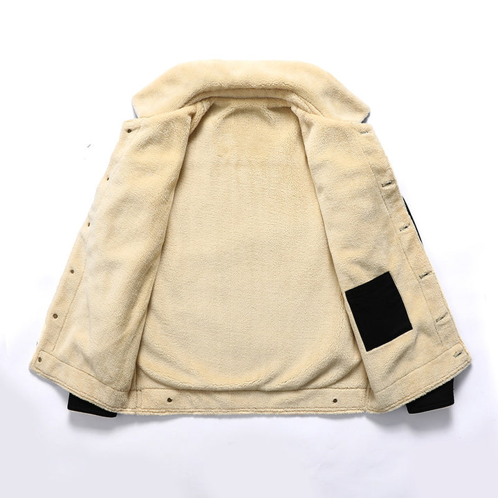 Men's Sherpa-lined canvas trucker jacket with faux fur collar and utility pockets Mune Fashion