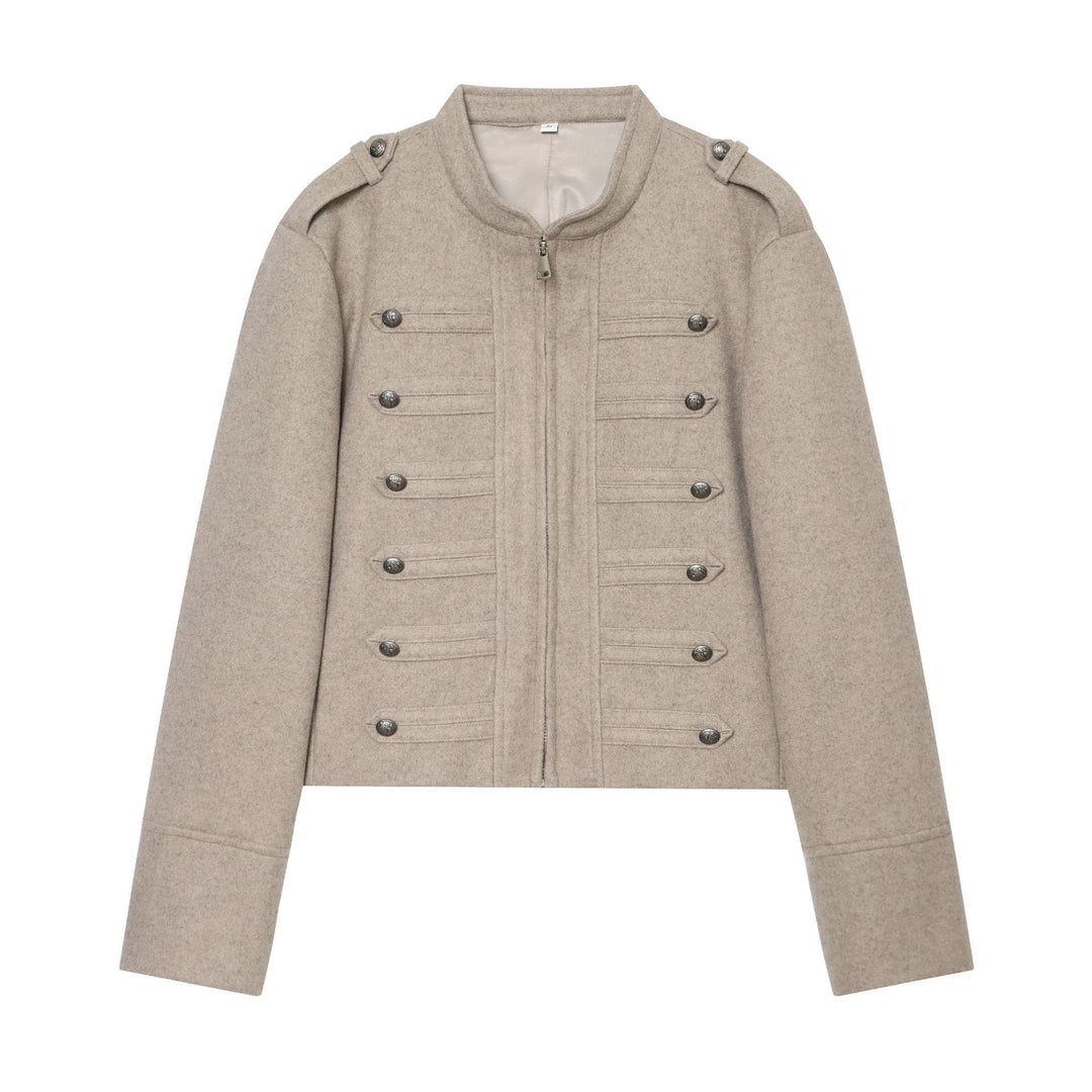 Women's military-inspired wool jacket with stand-up collar zipper and decorative button placket Mune Fashion