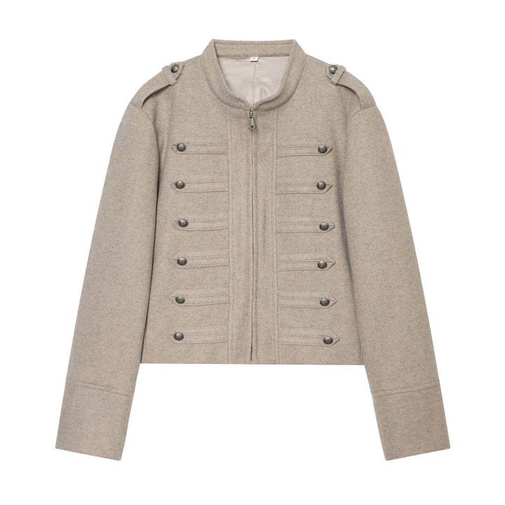 Women's military-inspired wool jacket with stand-up collar zipper and decorative button placket Mune Fashion