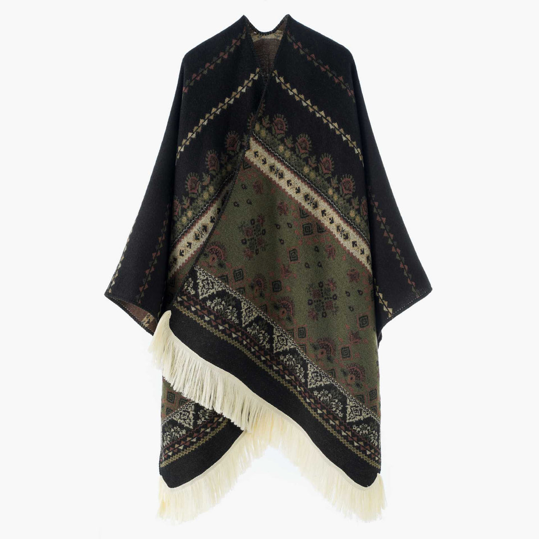 Ladies Jacquard Ruana with fringes and folk pattern Mune Fashion