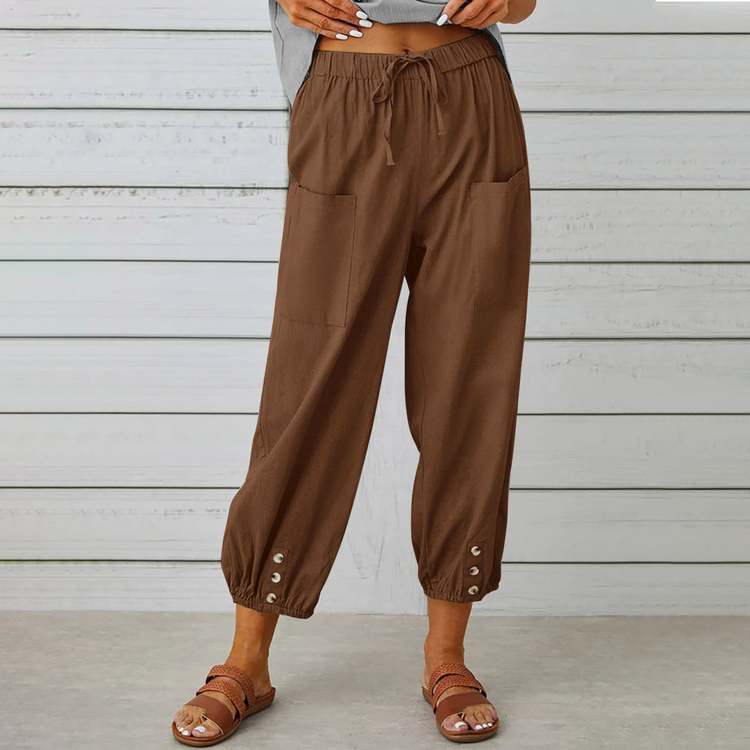Women’s lightweight cotton-linen pants with drawstring, patch pockets and buttoned cuffs Mune Fashion