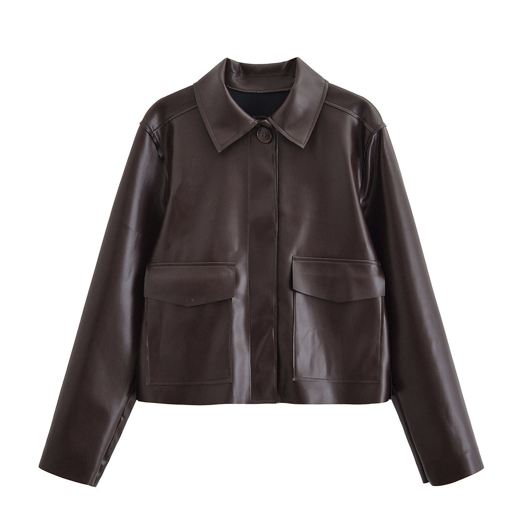 Women Short Boxy Leather-Look Jacket with Flap Pockets and Shirt Collar Mune Fashion