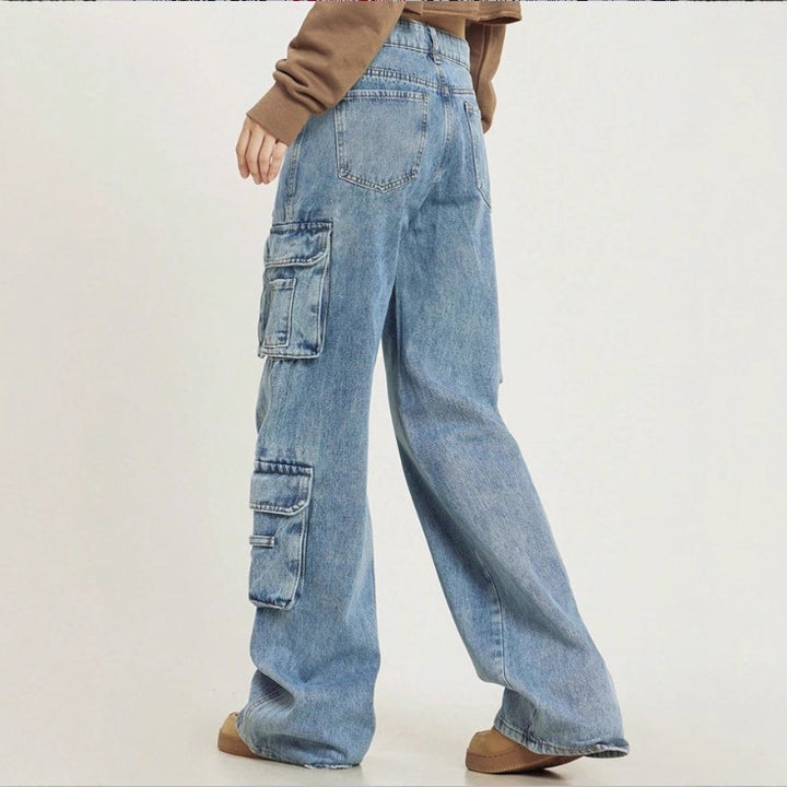 Women's High-Cut Baggy Cargo Jeans with Multiple Utility Pockets Mune Fashion