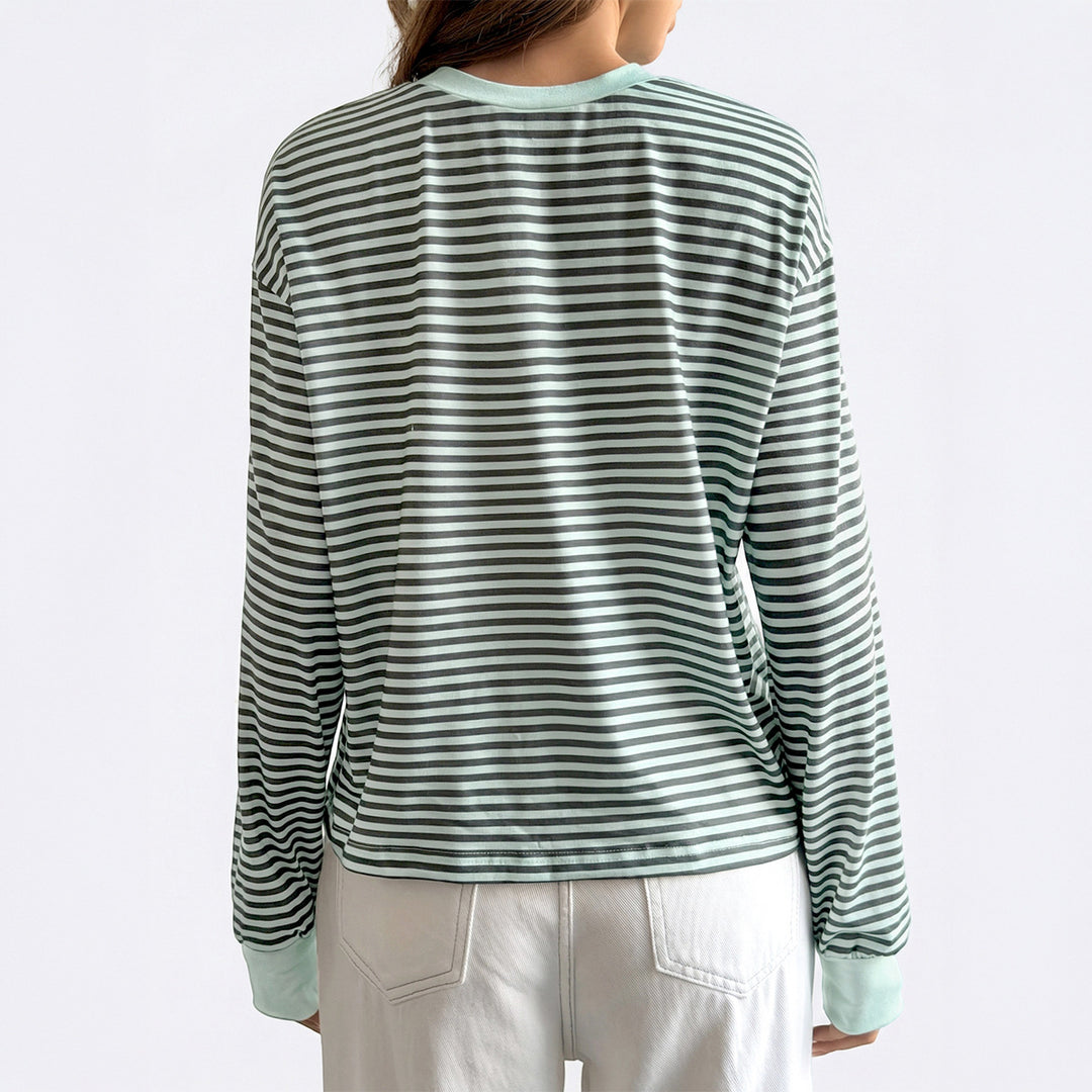 Women's casual striped oversized long sleeve with contrasting round neckline and extended back hem Mune Fashion