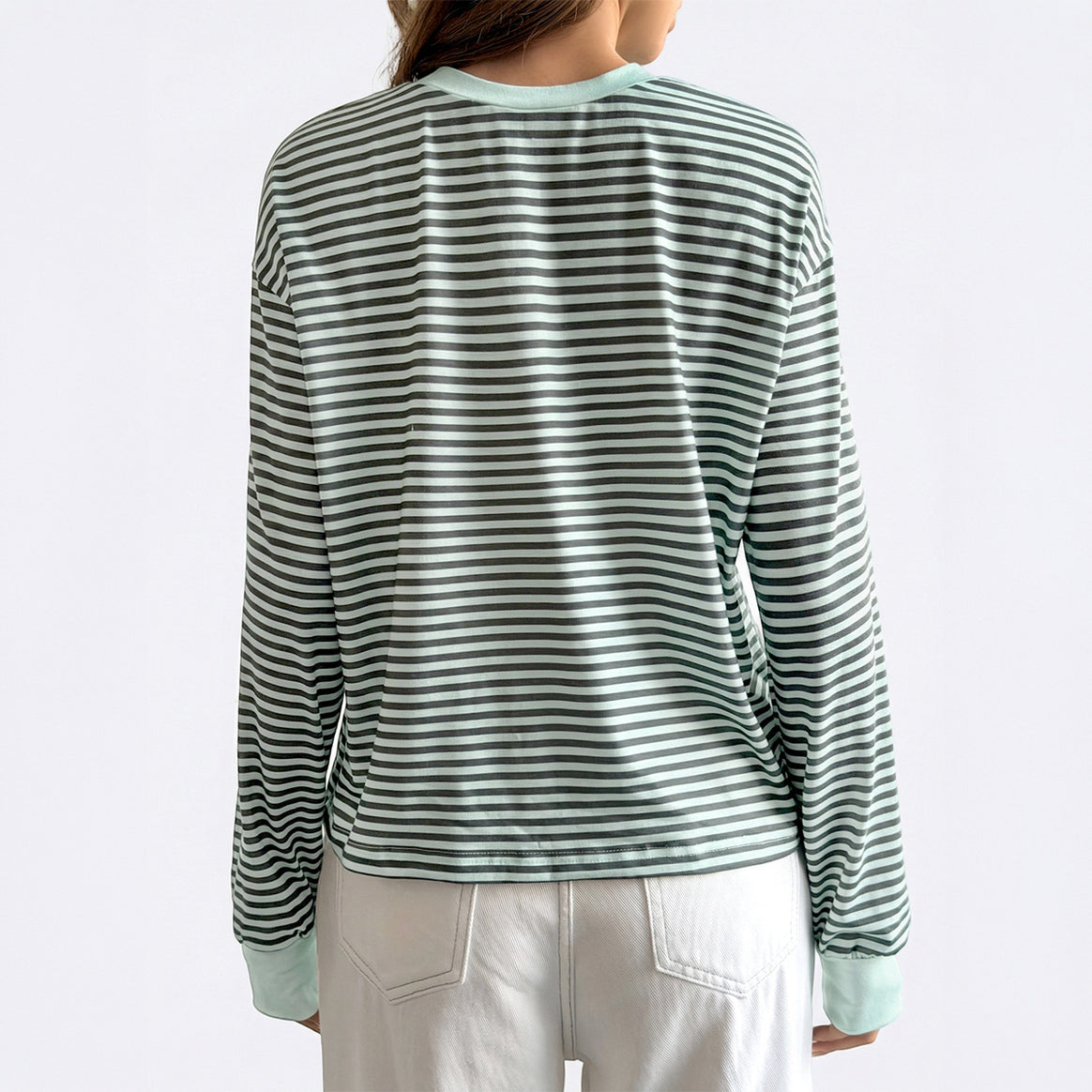 Women's casual striped oversized long sleeve with contrasting round neckline and extended back hem Mune Fashion