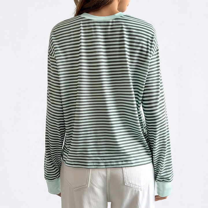 Women's casual striped oversized long sleeve with contrasting round neckline and extended back hem Mune Fashion