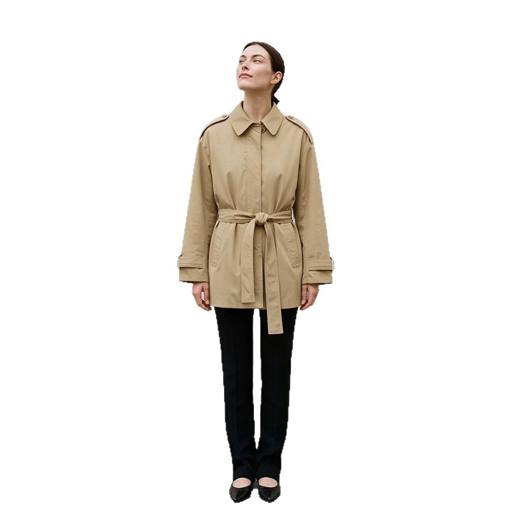 Women's short trench coat with waist belt, shoulder flaps, and adjustable cuffs Mune Fashion