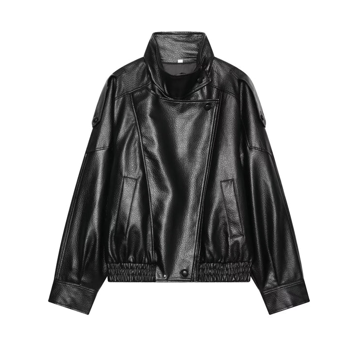 Women's Short Cut Faux Leather Bomber Jacket with Stand-Up Collar and Shoulder Straps Mune Fashion