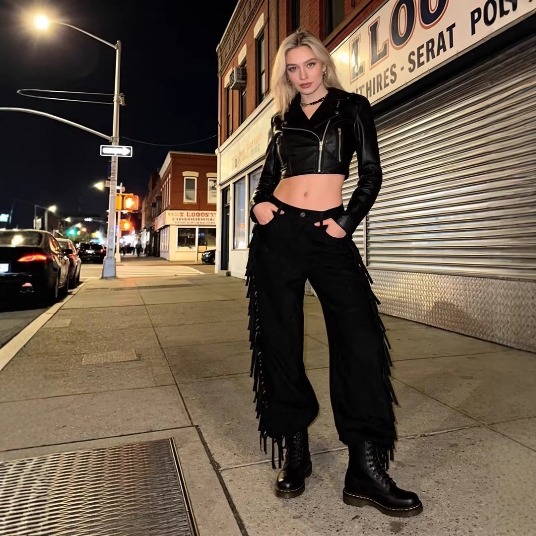Women Wide High-Waist Flared Trousers with Side Fringes and Suede Look Mune Fashion