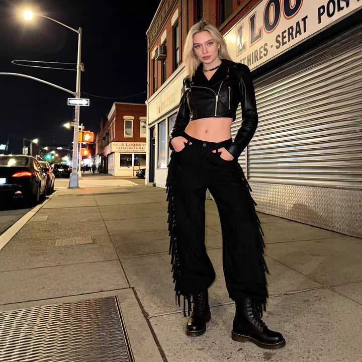 Women Wide High-Waist Flared Trousers with Side Fringes and Suede Look Mune Fashion