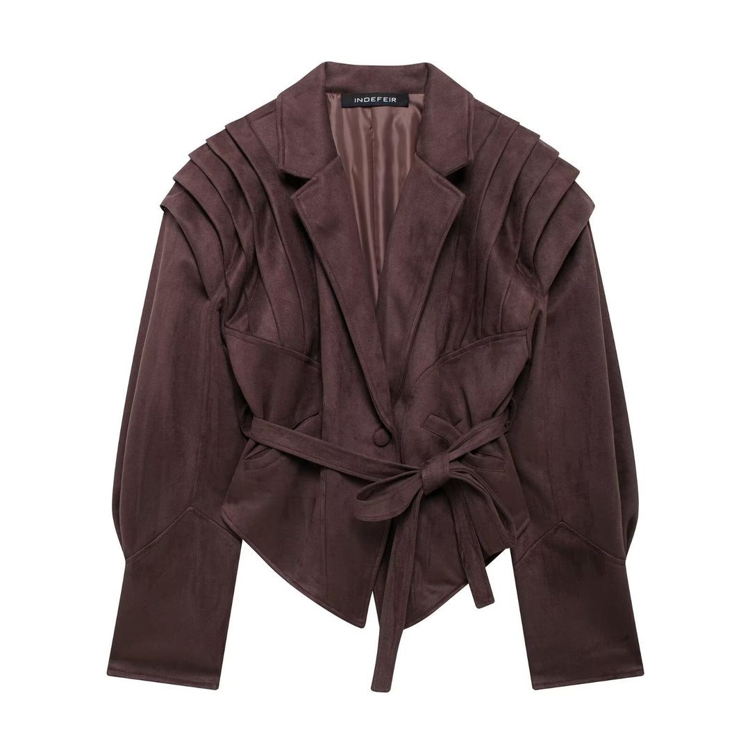 Women in tailored suede look blazer with wrap belt and gathered shoulders Mune Fashion