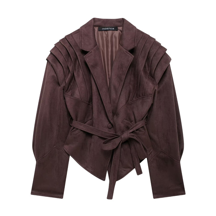 Women in tailored suede look blazer with wrap belt and gathered shoulders Mune Fashion