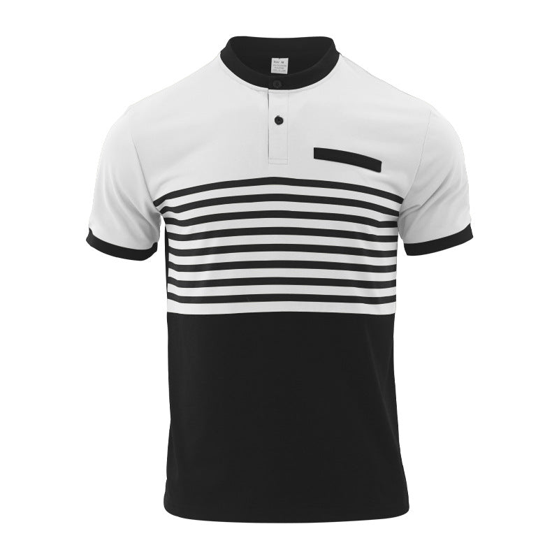 Men's short-sleeved striped short-sleeve shirt with button placket, stand-up collar and chest piping Mune Fashion