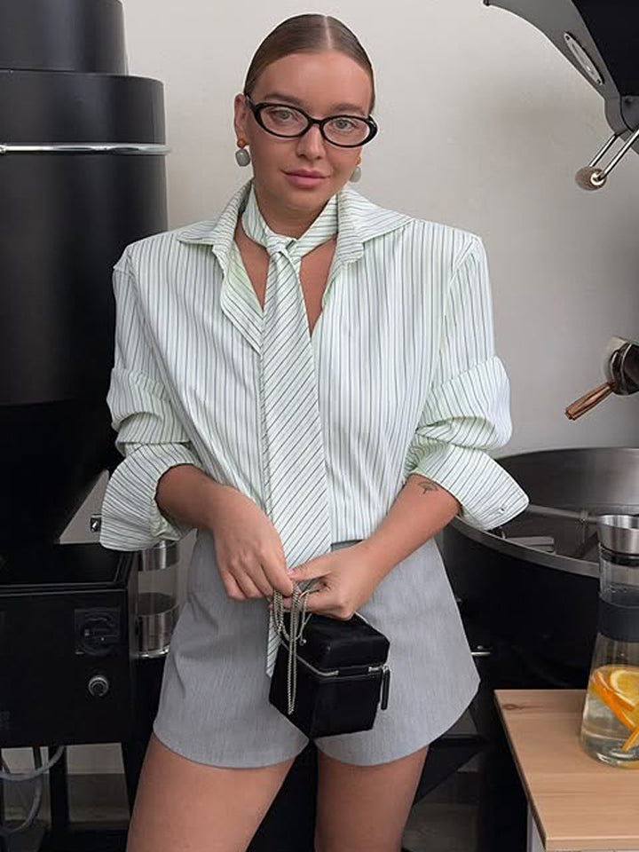 Women's Striped Blouse with Integrated Tie Detail & Oversized Cut Mune Fashion