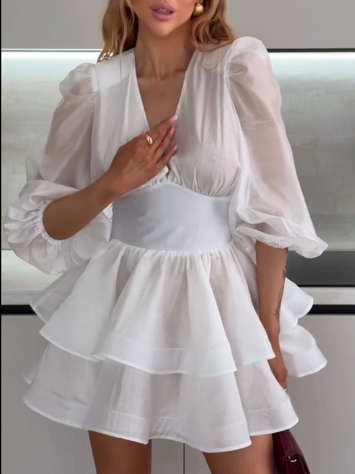 Ladies Short Ruffle Mini Dress with Fitted Corset Waist, V-Neck and Voluminous Puff Sleeves Mune Fashion