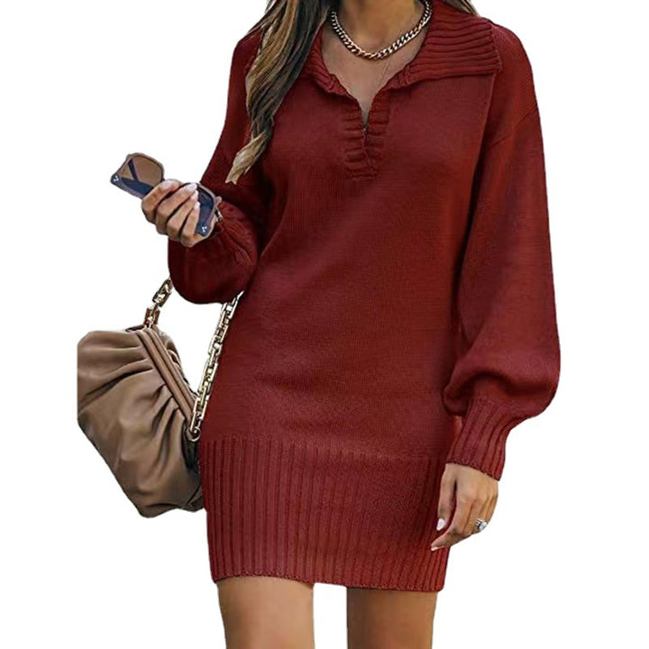 Women's off-shoulder knitted mini dress with wide V-neckline and ribbed waistband Mune Fashion