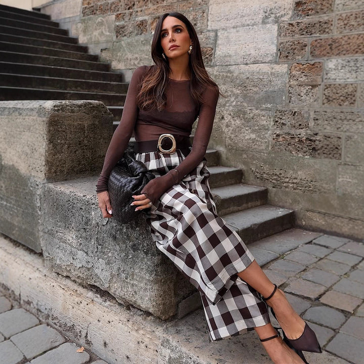 Women's Checked High-Waisted Palazzo Pants with Wide Leg & Pleats Mune Fashion