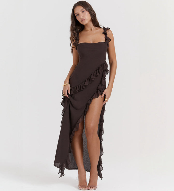 Women long evening dress with square neckline, shoulder ruffle straps, and high leg slits Mune Fashion