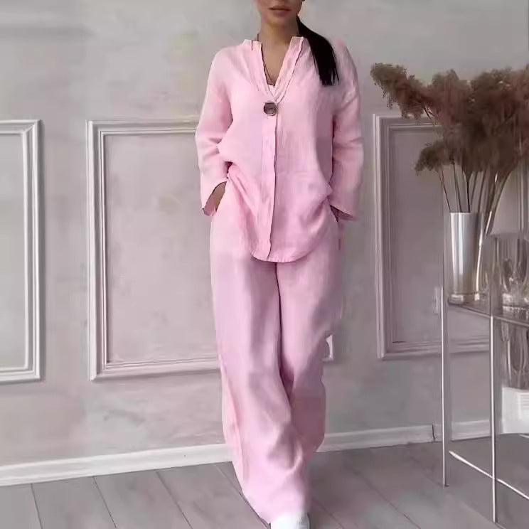 Women's casual linen relax set with wide pants and shirt blouse Mune Fashion