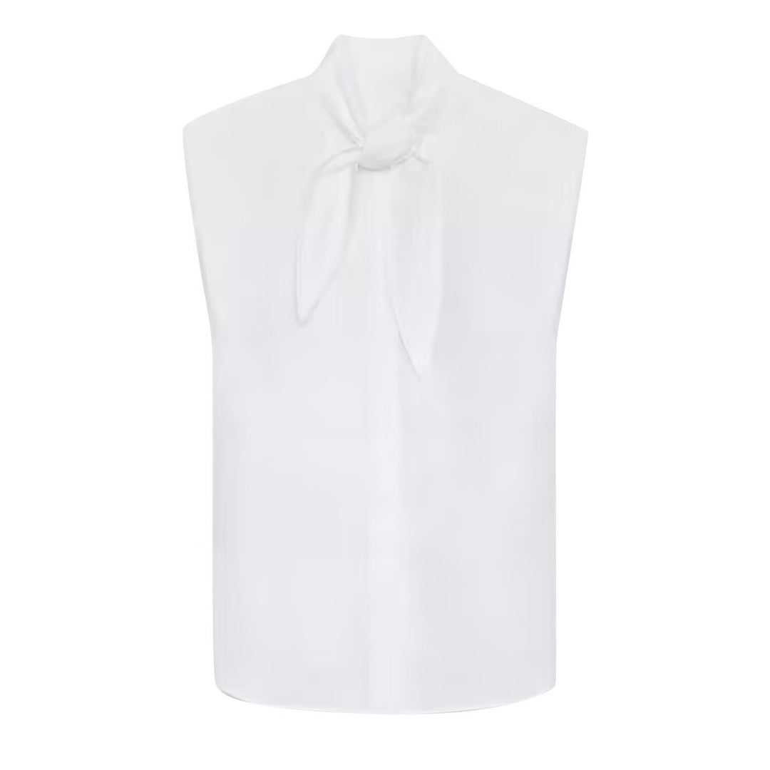 Women's Sleeveless Poplin Blouse with Bow Collar and Pinstripes Mune Fashion