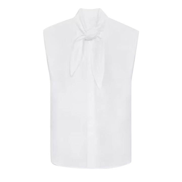 Women's Sleeveless Poplin Blouse with Bow Collar and Pinstripes Mune Fashion