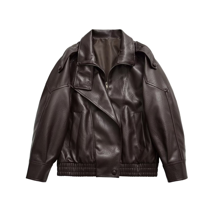 Women's Oversize Bomber Jacket in Biker Mix with Lapel and Elastic Waistband Mune Fashion