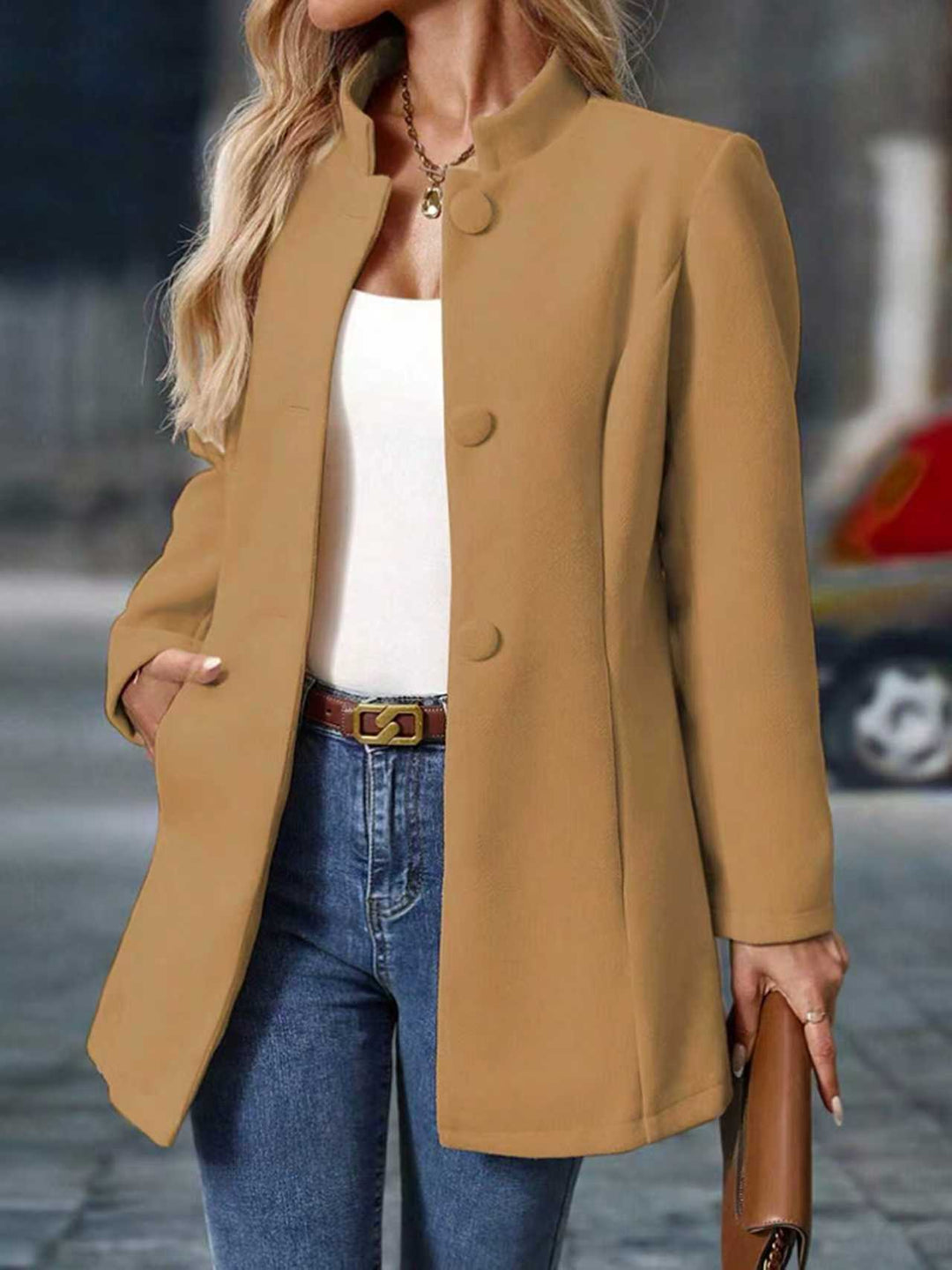 Women's Stand Collar Coat Jacket with Concealed Button Placket and Side Pockets Mune Fashion