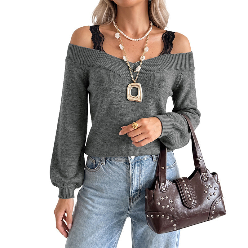 Women's Off-Shoulder Fine Knit Sweater with V-Ribbed Collar and Balloon Sleeves Mune Fashion
