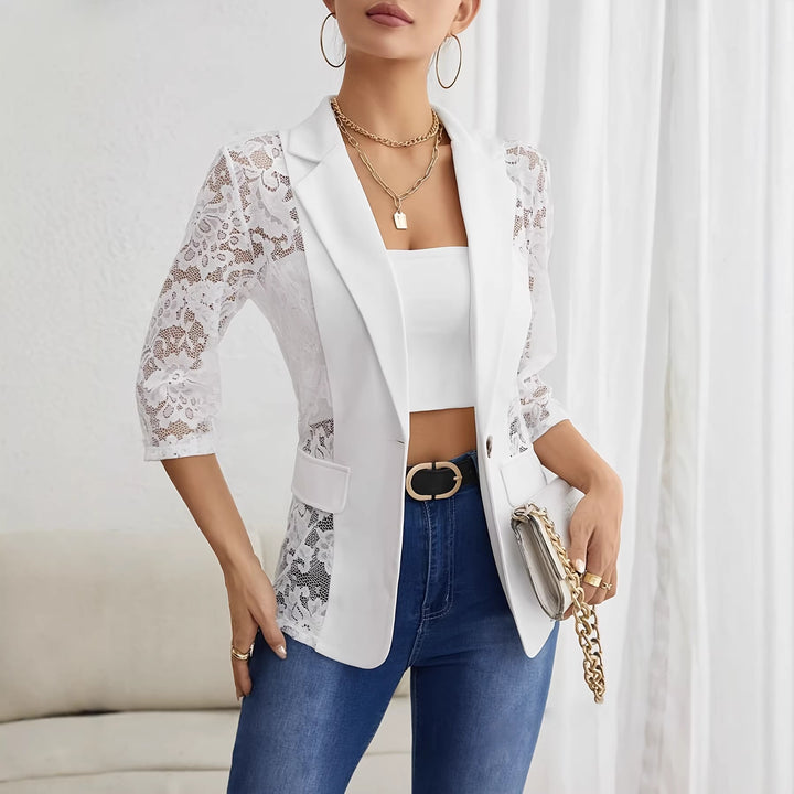 Women's tailored long blazer with lace inserts and lapel collar Mune Fashion