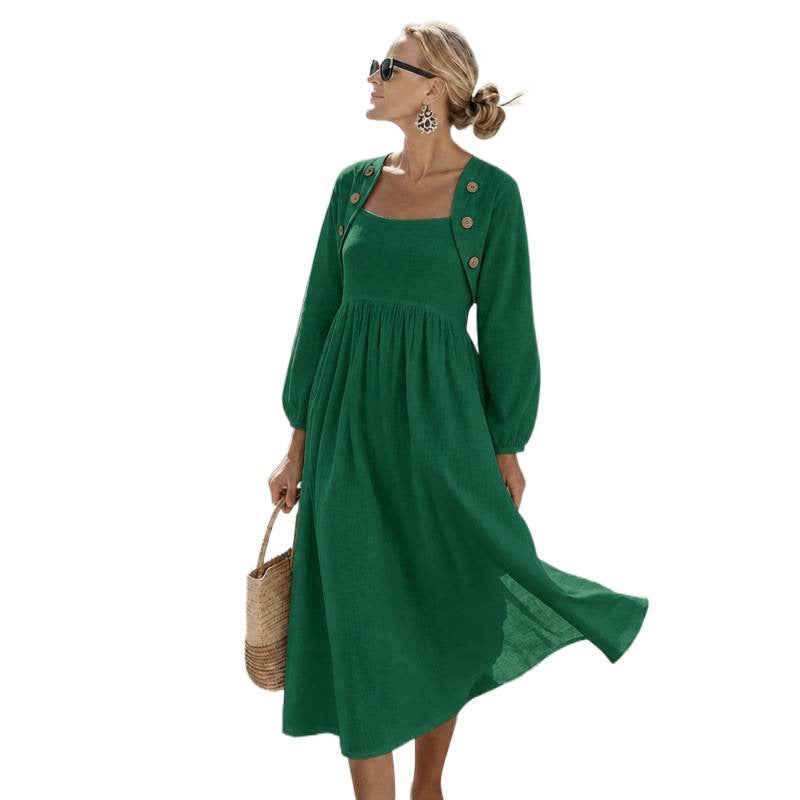 Women's midi dress in linen look with square neckline, gathered empire waist and shoulder buttons Mune Fashion