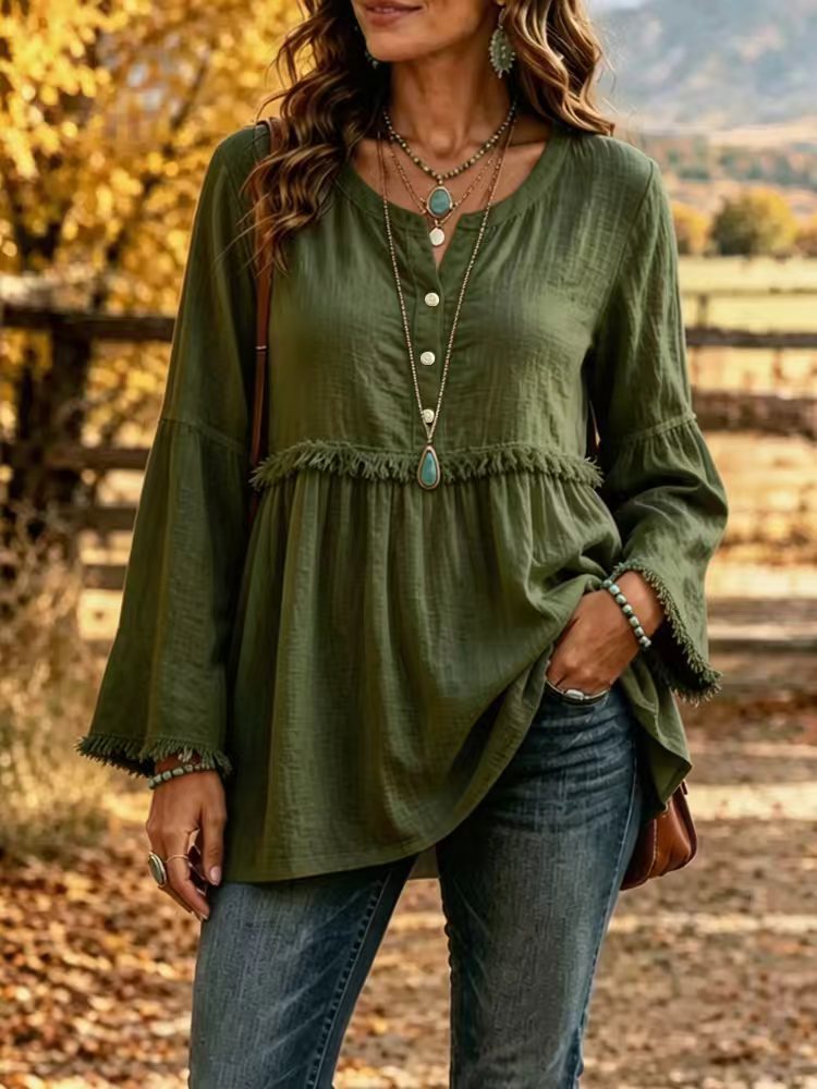 Women's Fringe Tunic Blouse with V-Neck and Bell Sleeves Mune Fashion