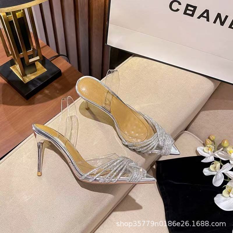 Women's pointed toe mule with sparkling crystal straps and sculptural acrylic heel Mune Fashion