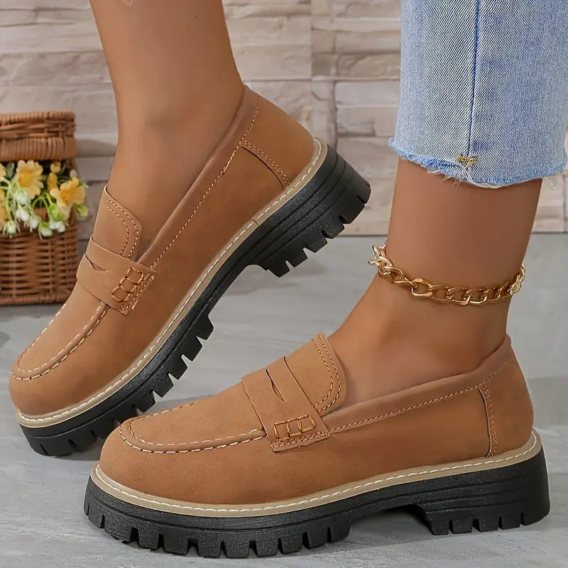 Women's Leather Look Penny Loafers with Distinctive Profile Platform Sole and Contrast Stitch Mune Fashion