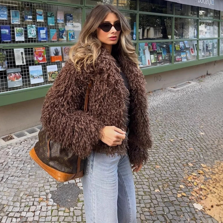 Women's faux fur shaggy blouson with voluminous shawl collar and hidden hook closure Mune Fashion