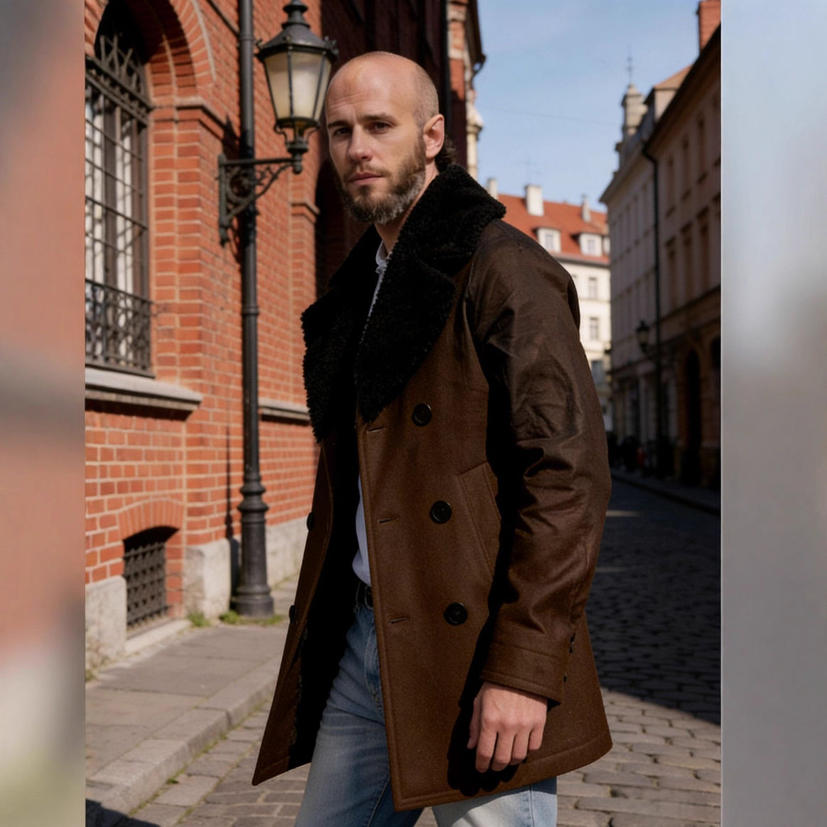Men's double-breasted short coat made of wool blend with large teddy collar Mune Fashion