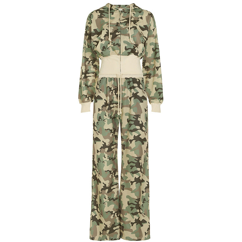 Mune | Unformal Contrast Color Overall Hoodie Long Sleeve Sweatshirt Pants Two Piece Camouflage Cardigan Pants Set