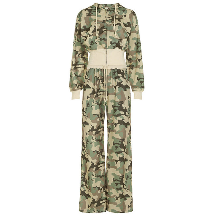 Mune | Unformal Contrast Color Overall Hoodie Long Sleeve Sweatshirt Pants Two Piece Camouflage Cardigan Pants Set