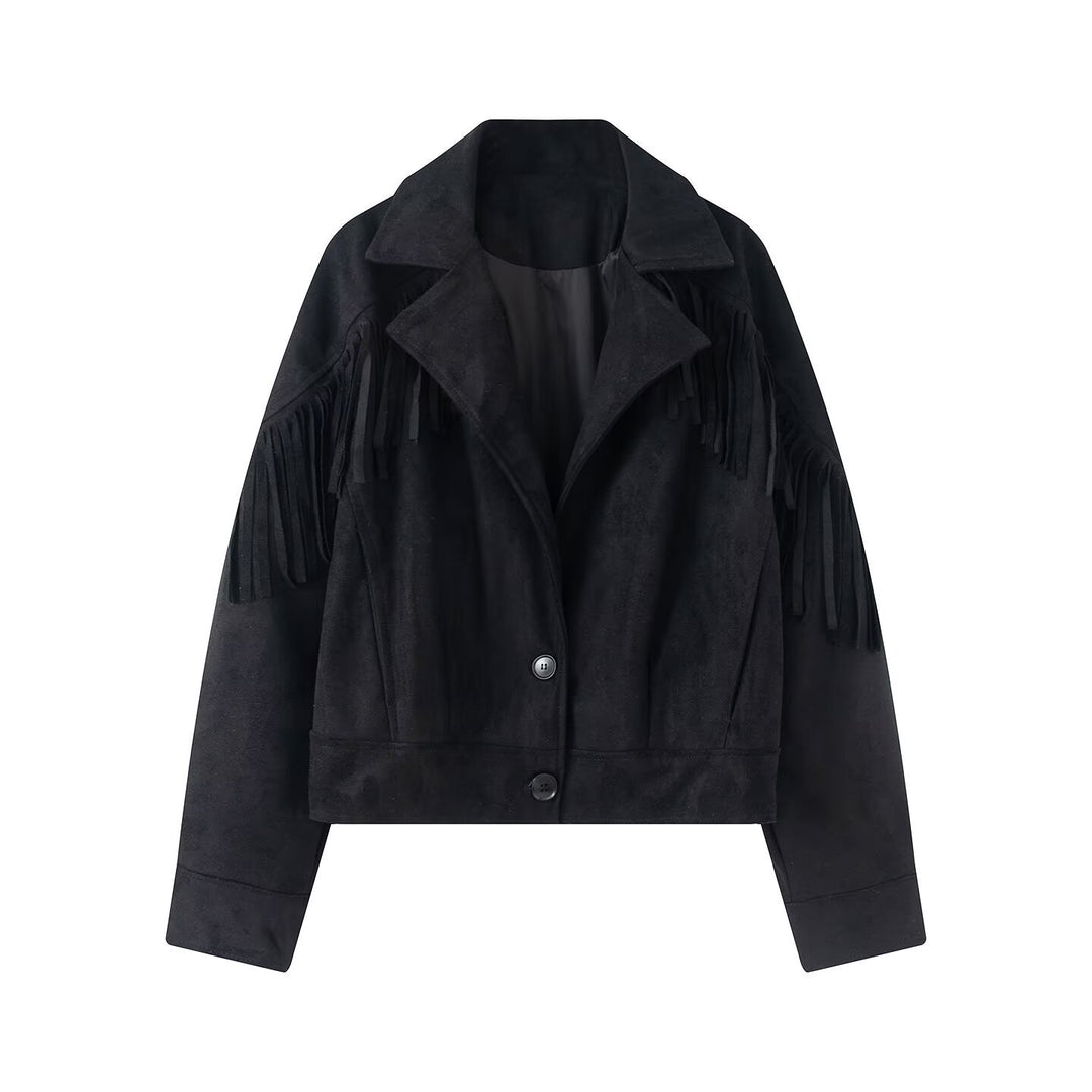 Women's short suede imitation jacket with fringes and lapel collar Mune Fashion
