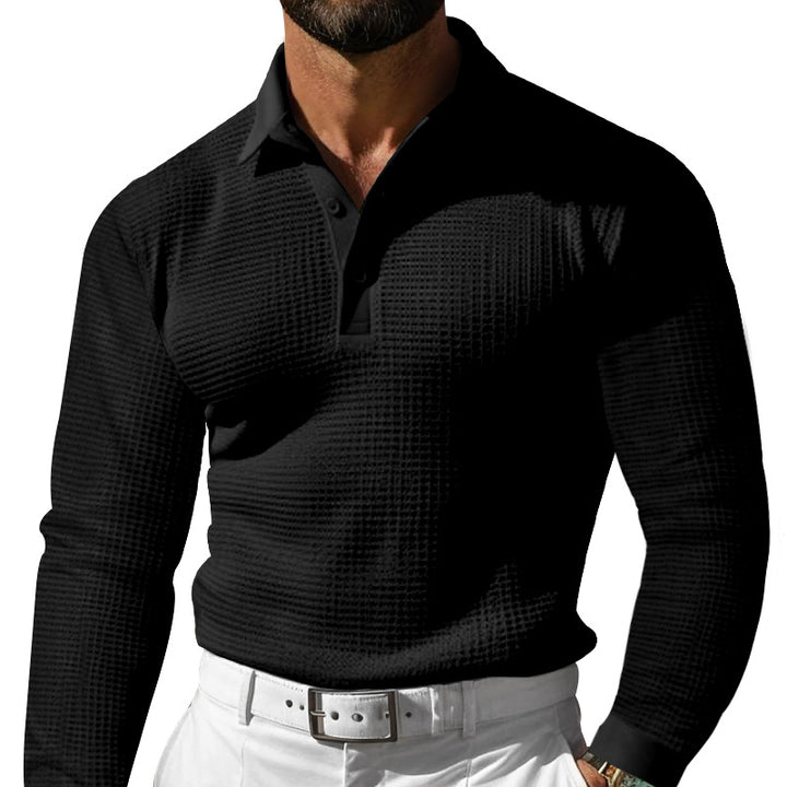 Men's Waffle Structure Polo Shirt with Long Sleeves, Slim Fit and Kent Collar Mune Fashion