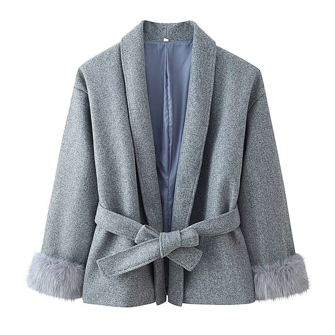 Women's wrap belt coat with shawl collar and faux fur cuffs Mune Fashion