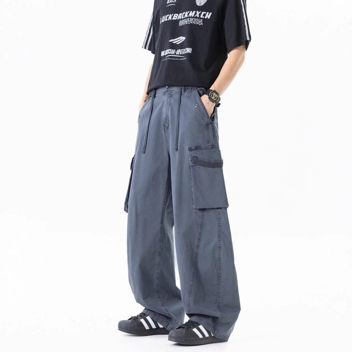 Men's Loose Cargo Pleated Pants with Drawstring and Large Flap Pockets Drune