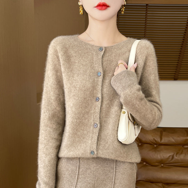 Ladies Cozy Short Cardigan made of Mohair Mix with fine virgin wool texture and mother-of-pearl button placket Mune Fashion